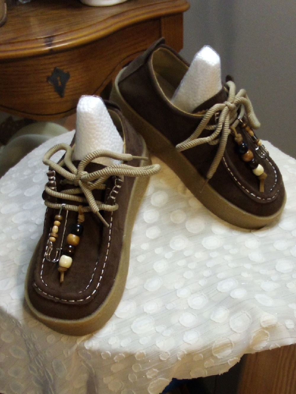 Brown Suede Moccasin-Style Shoes with Bead & White Stitches
